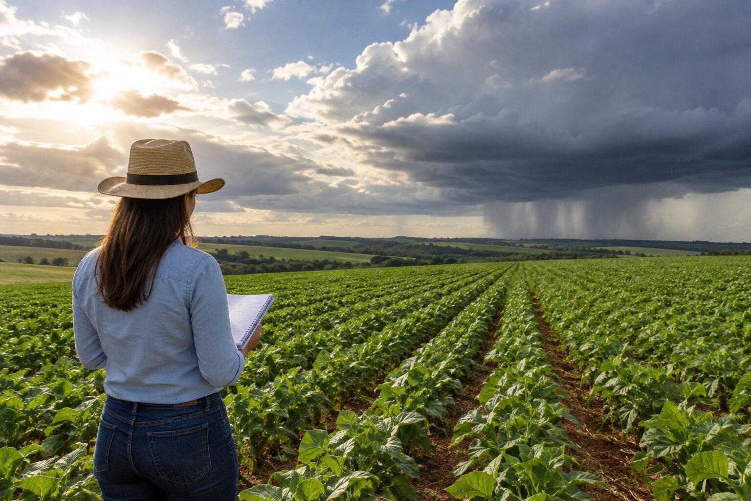 Embrapa entrega 163 medidas para preparar o campo para riscos climáticos 2 Agrônomo observa uma lavoura e consulta um caderno de campo sob céu de sol e chuva