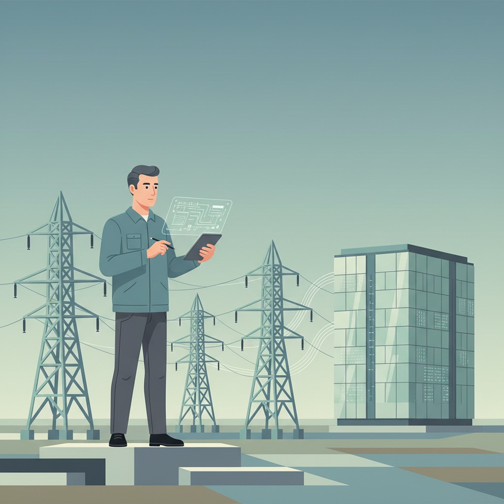 EPE Aponta Energia e Rede como Base para Data Centers de IA 2 Ilustração editorial de um engenheiro revisando um diagrama de rede elétrica em um tablet, com torres de transmissão e um prédio de data center ao fundo.