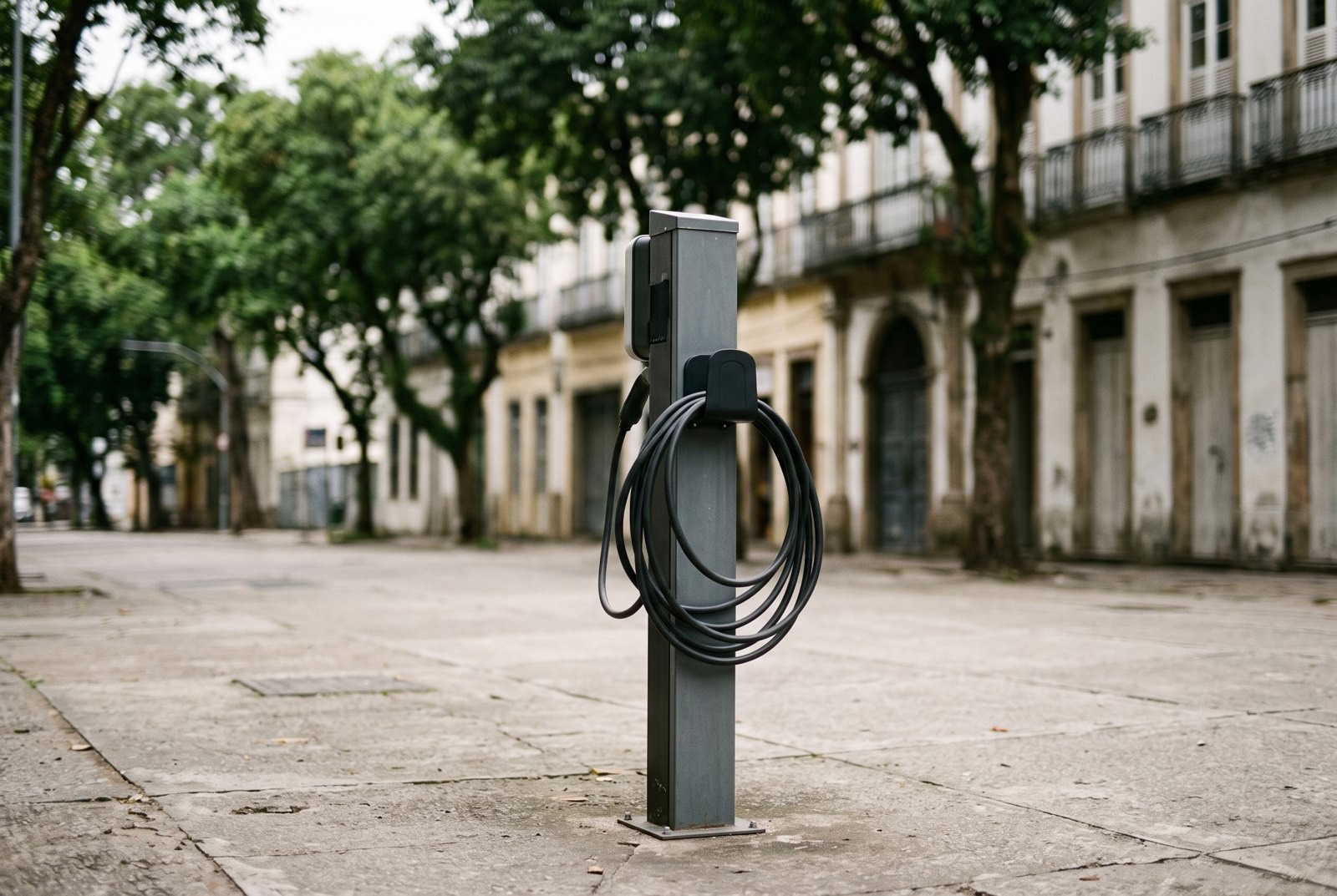 Frota Brasileira de Veículos Leves Eletrificados Alcança 1 Milhão 2 Ponto de recarga de veículos elétricos em uma calçada arborizada; imagem ilustrativa