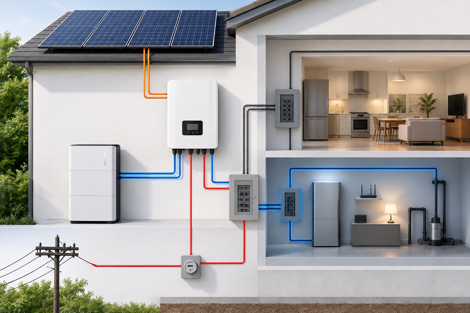 Solis S6-EH2P: como avaliar um inversor híbrido para backup 3 Visual técnico: solar, bateria, rede e cargas críticas