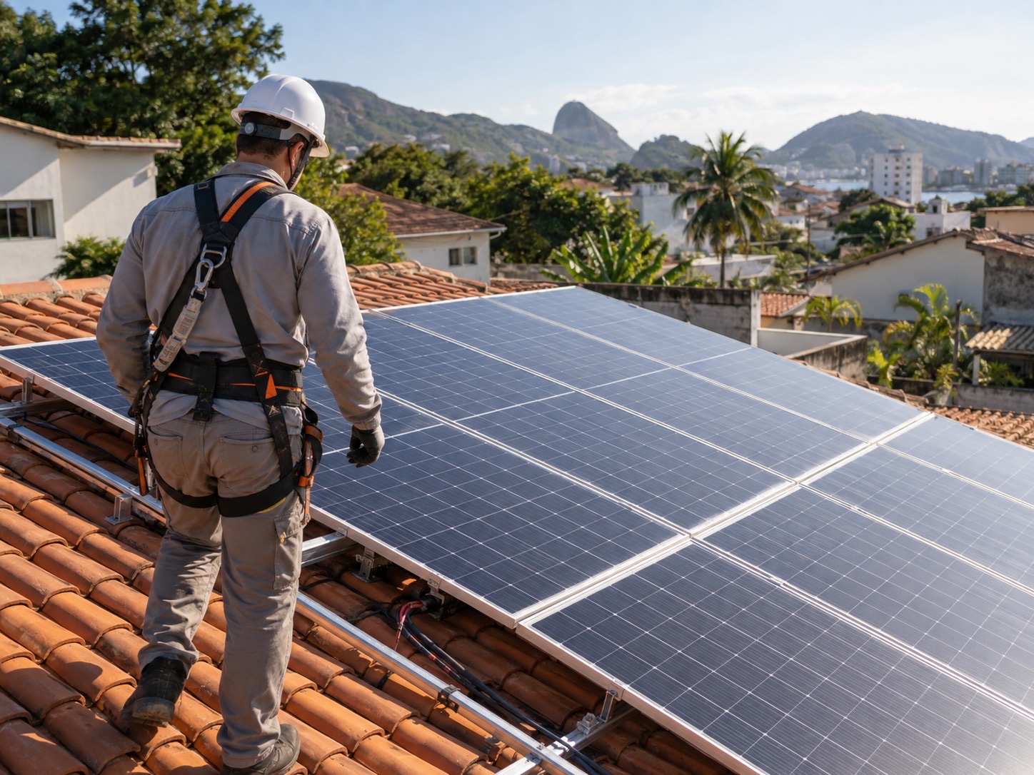 Melhores Inversores Solares em 2026: Três Escolhas por Perfil 2 Profissional inspeciona módulos solares em um telhado residencial; imagem ilustrativa gerada por IA, não representa instalação real.