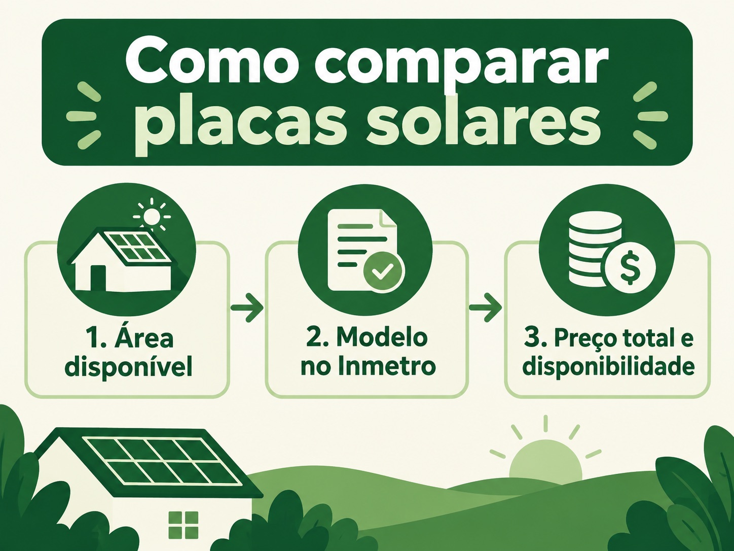 Melhores Placas Solares 2026: Como Comparar Modelos Sem Olhar Só para Watts 3 Diagrama com três critérios: área disponível, modelo no Inmetro, preço total e disponibilidade.