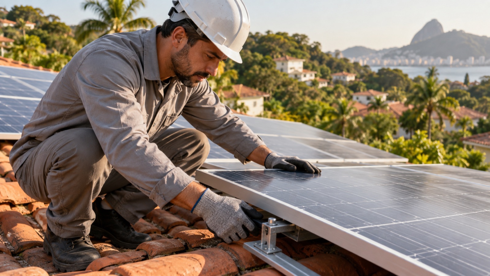 Melhores Placas Solares 2026: Como Comparar Modelos Sem Olhar Só para Watts 2 Técnico de capacete e luvas avalia a fixação de um módulo fotovoltaico em telhado de telha cerâmica, com vegetação e uma baía ao fundo.