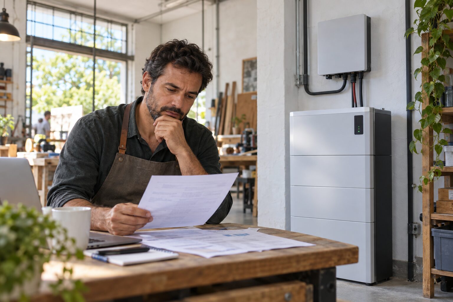 Pessoa avaliando contrato e sistema de bateria em um ambiente de trabalho
