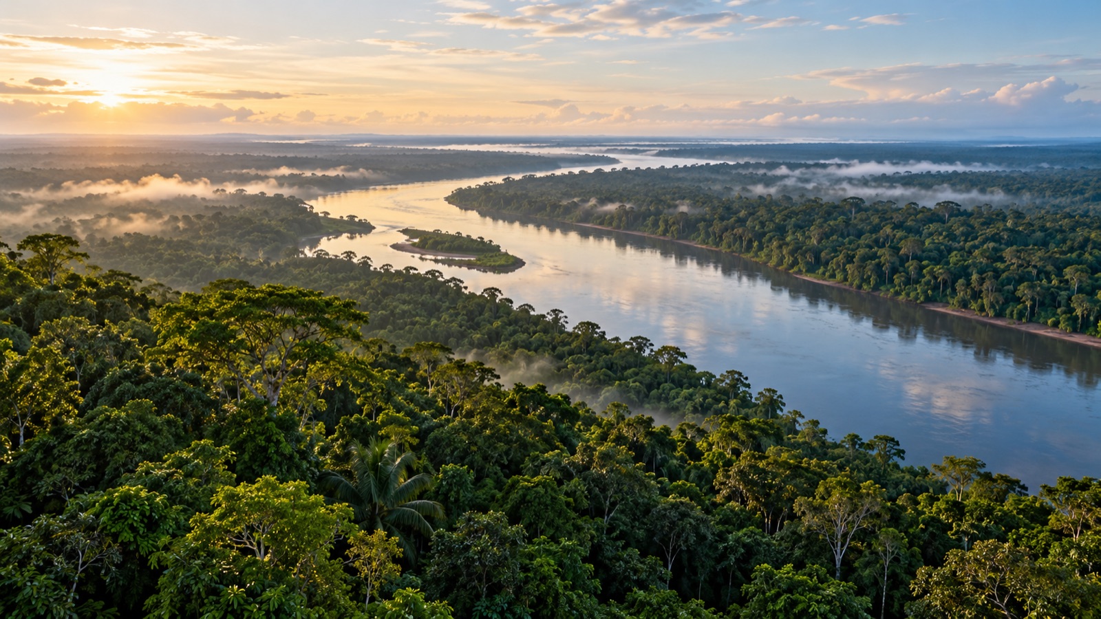 Floresta tropical e rio ao amanhecer em imagem ilustrativa; não representa projeto específico.