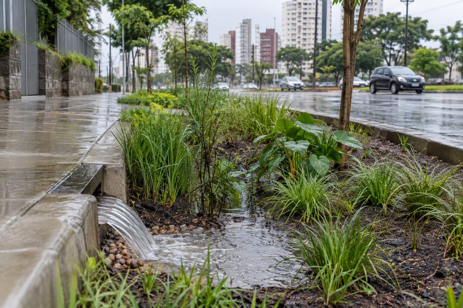 Santo André testa jardineira de chuva para aliviar a drenagem urbana 2 Jardineira vegetada recebendo água da chuva ao lado de uma avenida urbana