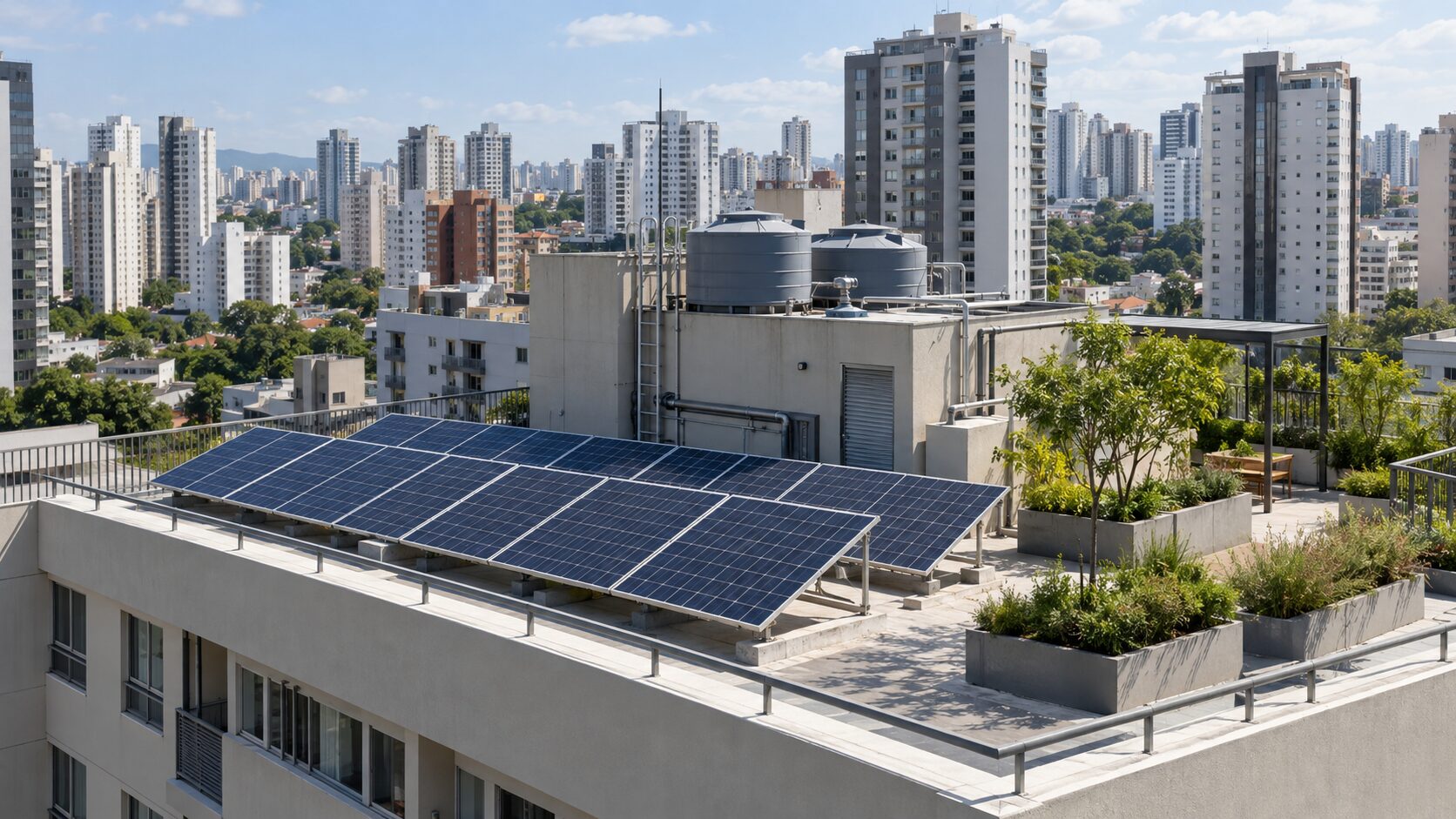 Energia e sustentabilidade em São Paulo: tarifa, clima e decisões práticas 4 Telhado de condomínio residencial com painéis solares em São Paulo