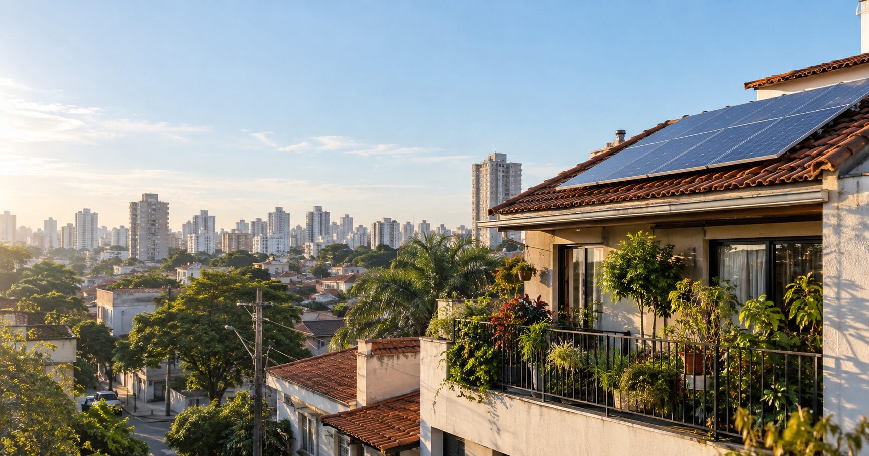 Vista urbana de São Paulo ao entardecer com elementos de energia limpa