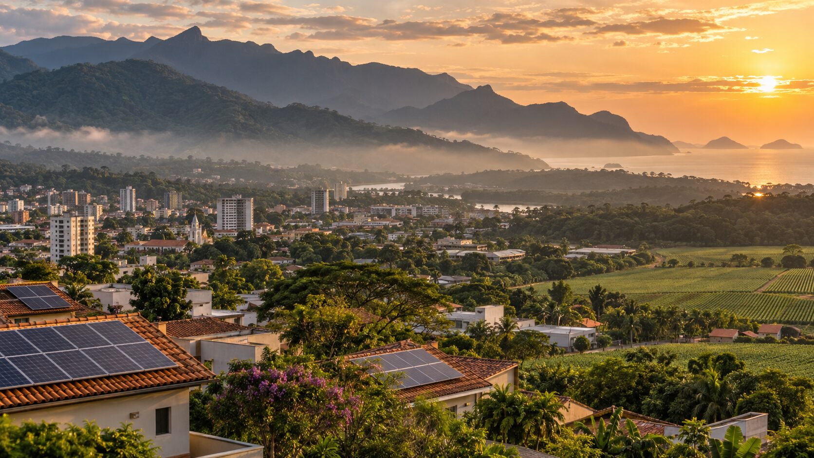 Vista panorâmica do estado de São Paulo com energia solar e mata atlântica