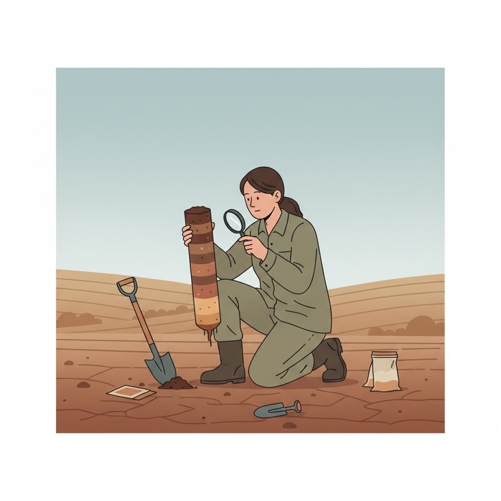 SGB Leva Estudos Sobre Água no Solo à Conferência Internacional 2 Ilustração editorial de uma pesquisadora examinando uma amostra de solo em camadas com uma lupa, em um campo aberto.
