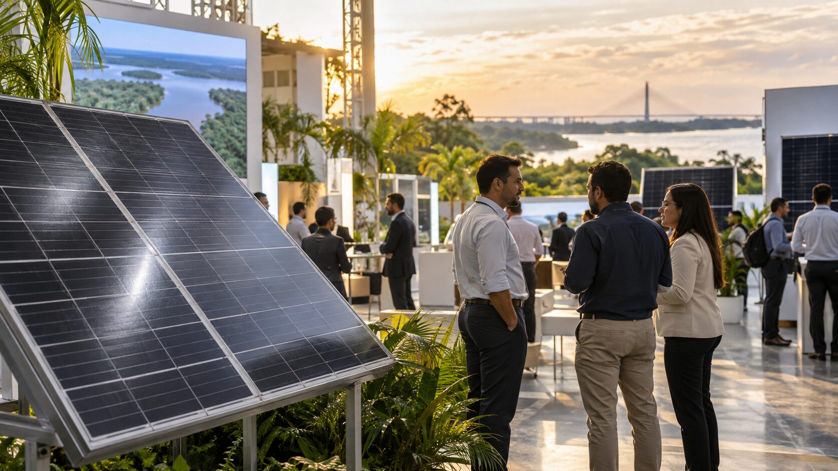 Suframa relata quase 100 contatos por investimentos solares em Manaus 2 Feira de tecnologia solar com módulos fotovoltaicos e conversa entre profissionais