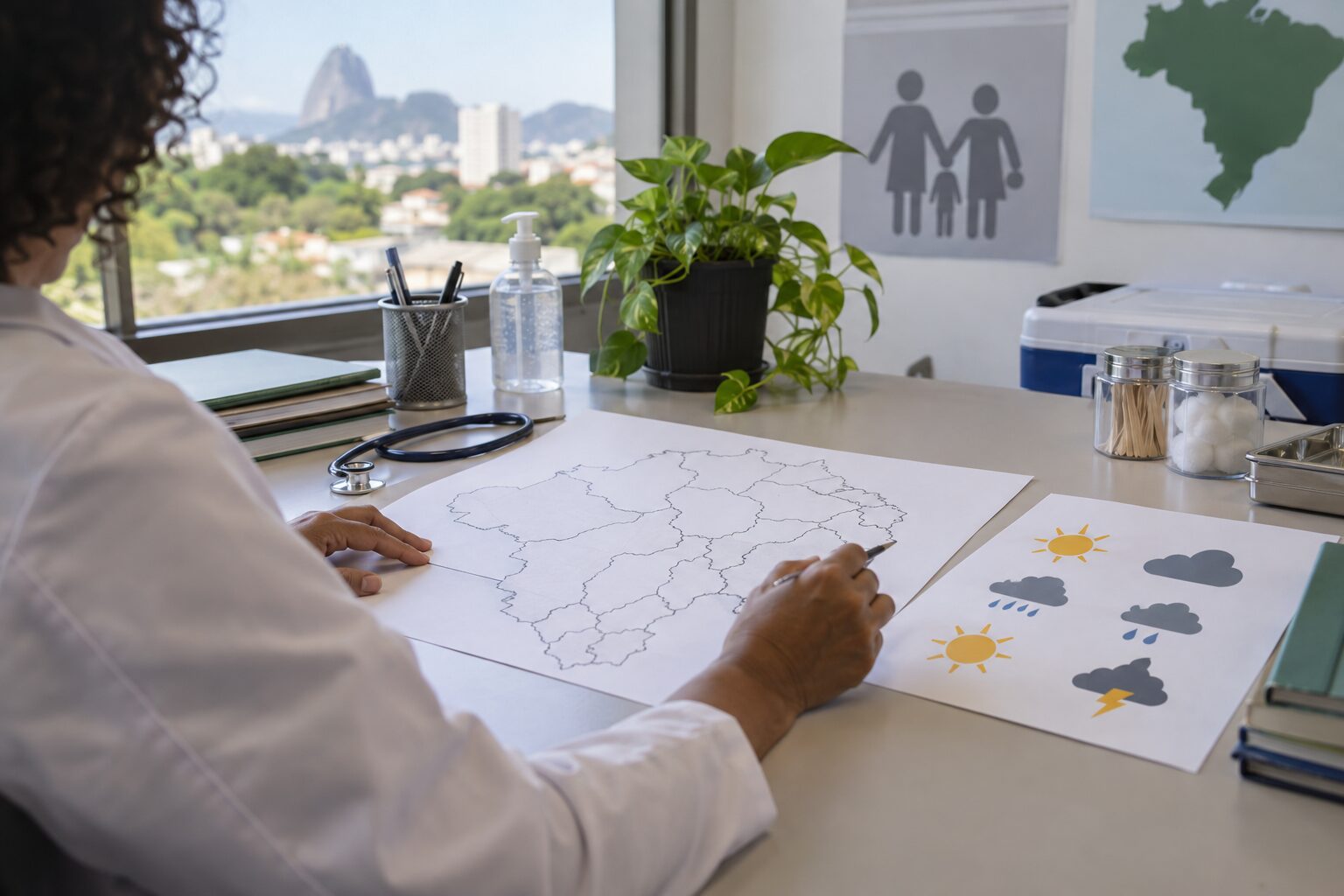 SUS mobiliza estados para preparar resposta a riscos do El Niño 2 Profissional de saúde consulta um mapa do Brasil e símbolos de tempo em uma mesa