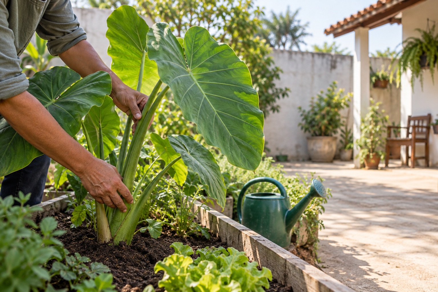Taioba: Como Reconhecer os Limites, Cultivar e Preparar com Segurança 2 Pessoa cuida de uma taioba cultivada em canteiro doméstico; imagem ilustrativa, não serve para identificar a planta