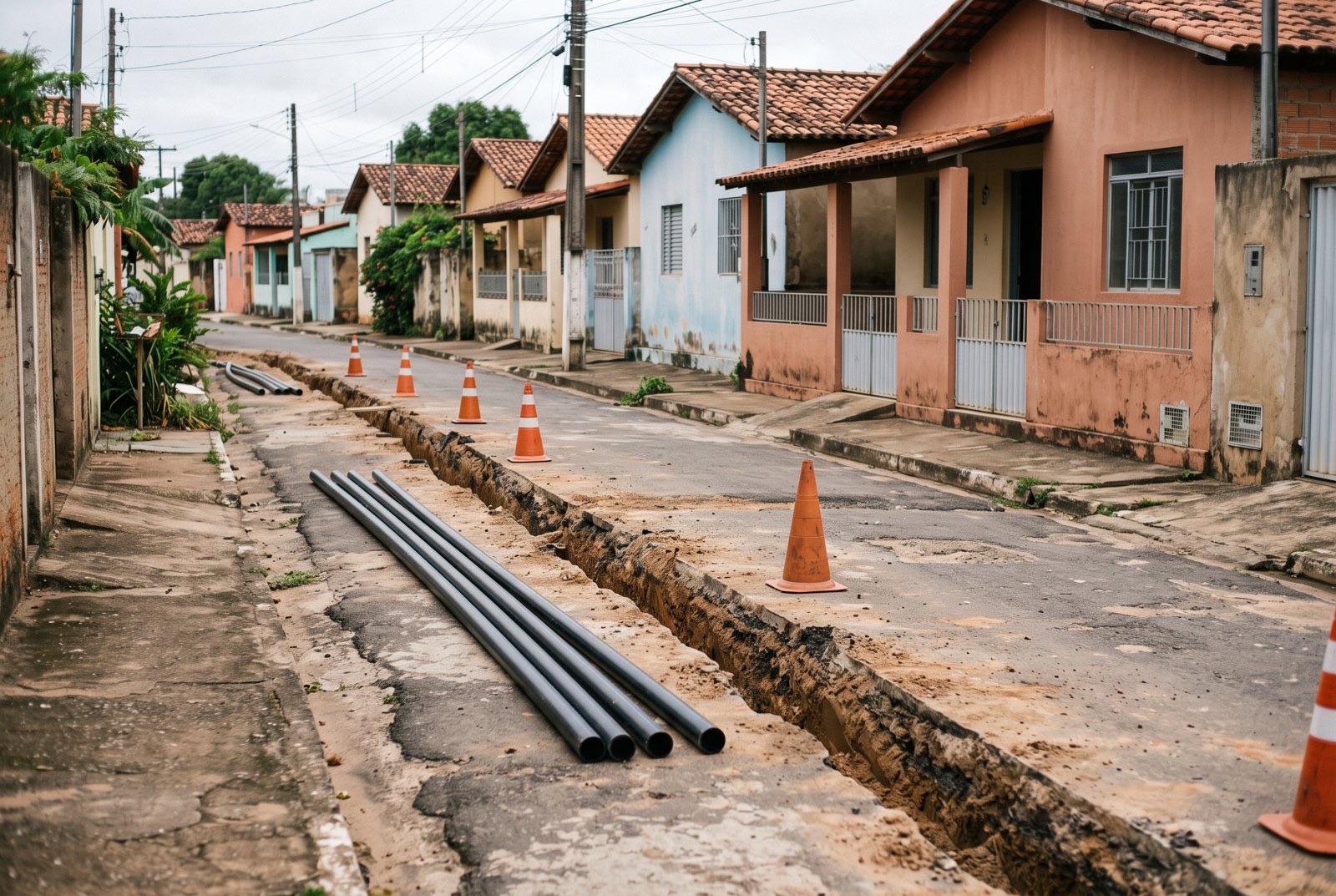 Tapiratiba Anuncia R$ 14,2 Milhões em Obras de Água e Esgoto 2 Tubulações ao lado de uma vala aberta em uma rua de cidade do interior; imagem ilustrativa