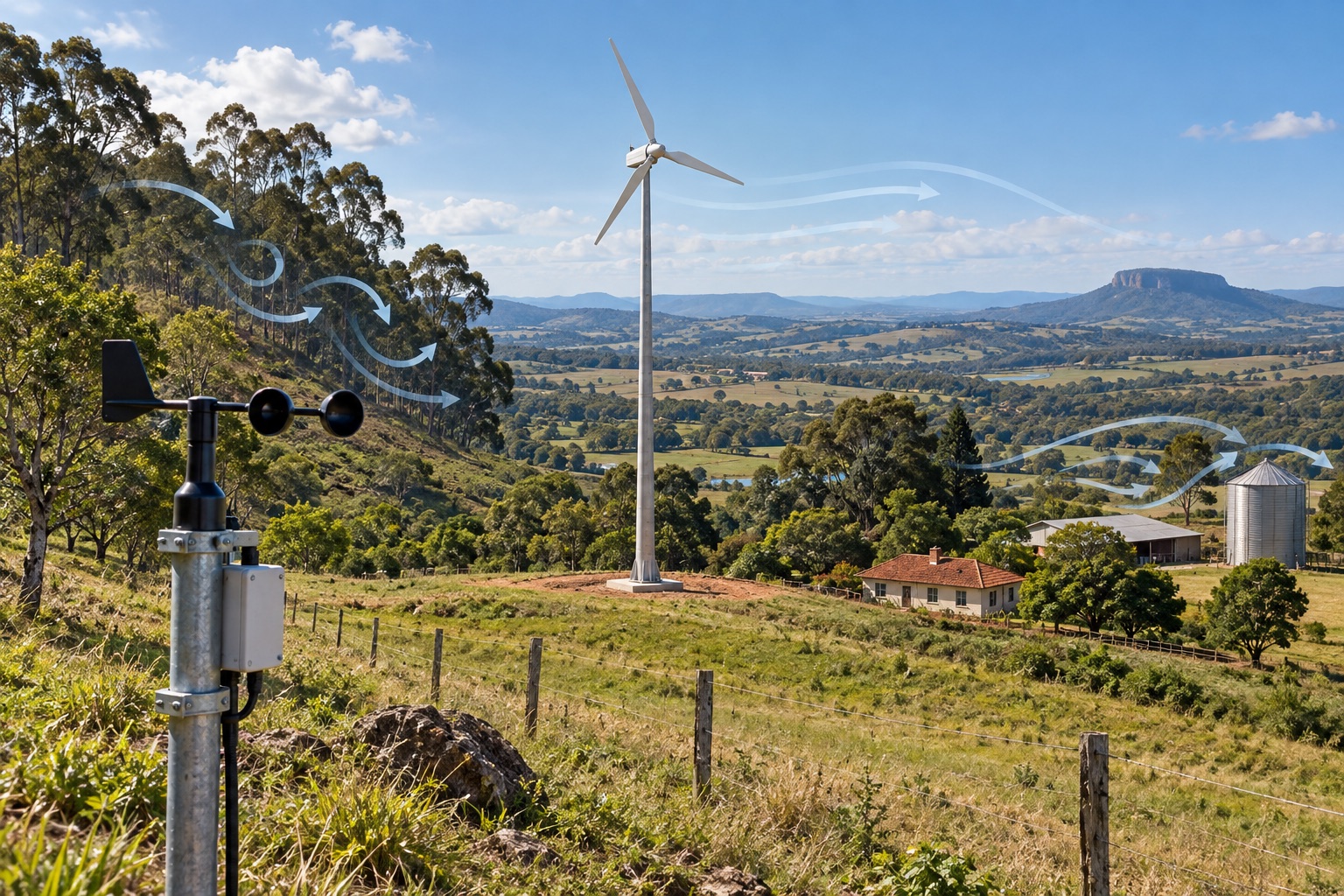 Enersud Verne 555: o que avaliar antes de comprar uma turbina rural 3 Visual técnico: medição de vento e contexto rural