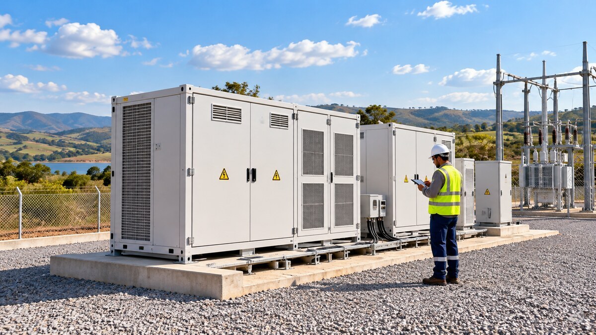 Técnico inspeciona módulos de armazenamento de energia em baterias em uma instalação ao ar livre