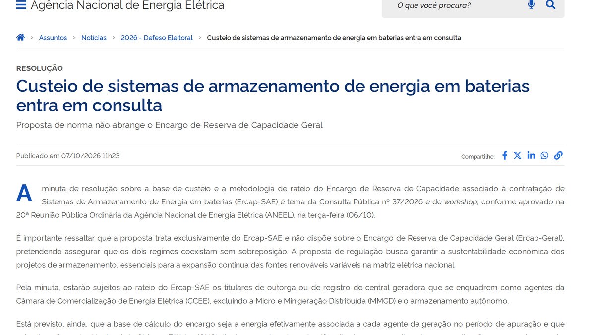 ANEEL Abre Consulta Sobre Rateio do Encargo de Baterias 2 Captura do comunicado da ANEEL sobre a Consulta Pública 37/2026, publicado em 7 de outubro de 2026