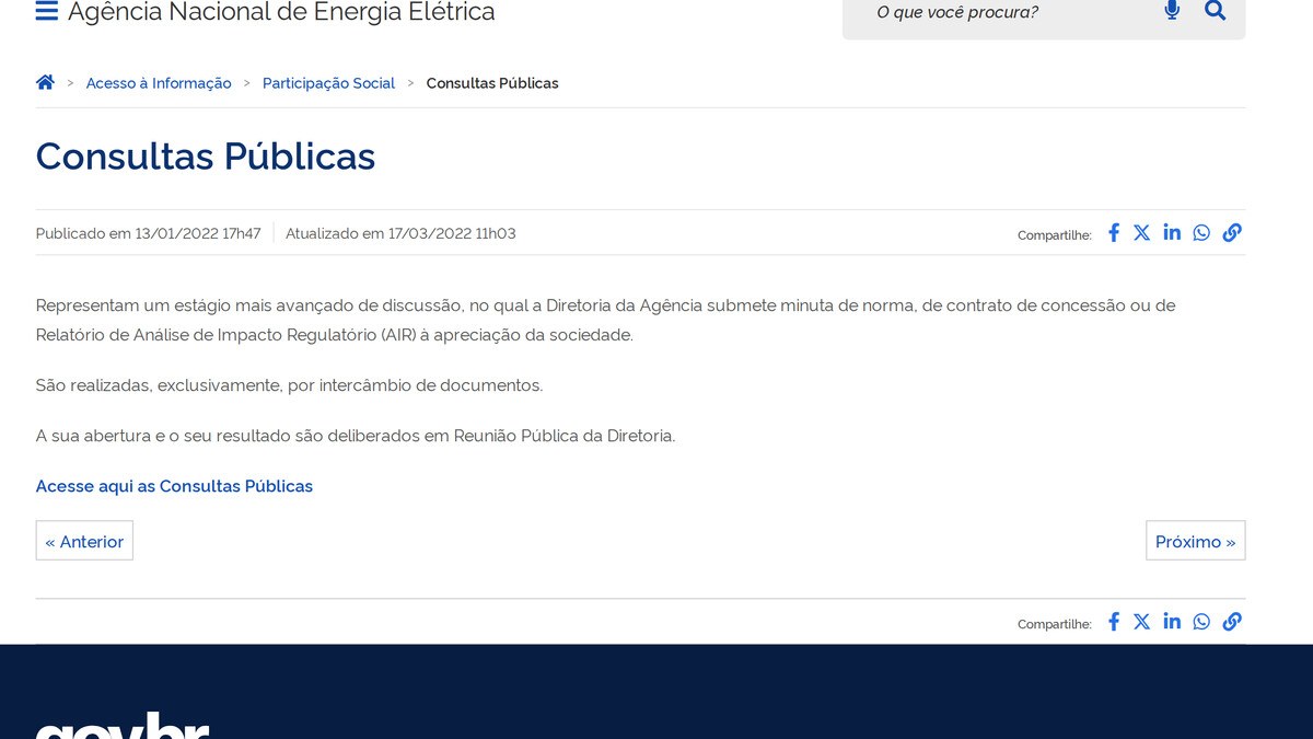 ANEEL Abre Consulta Sobre Rateio do Encargo de Baterias 4 Captura da página institucional da ANEEL sobre Consultas Públicas, com título e informação sobre sua função