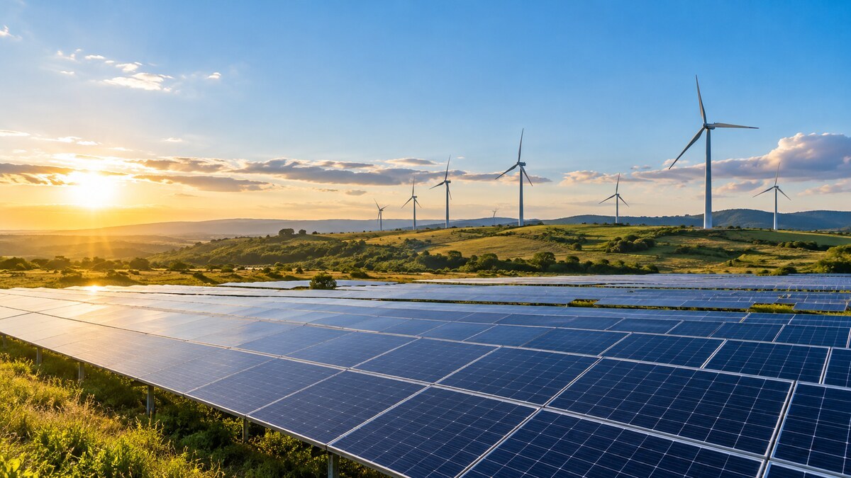 Paisagem rural brasileira com módulos solares em primeiro plano e turbinas eólicas ao fundo, ao entardecer.