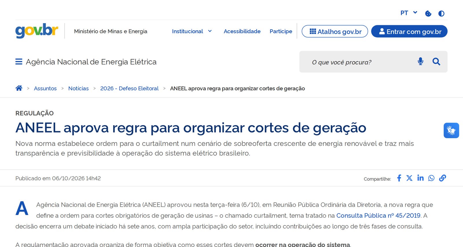 ANEEL Define Prioridade para Cortes de Geração 2 Captura documental da notícia oficial da ANEEL com o título e a data de publicação de 6 de outubro de 2026.