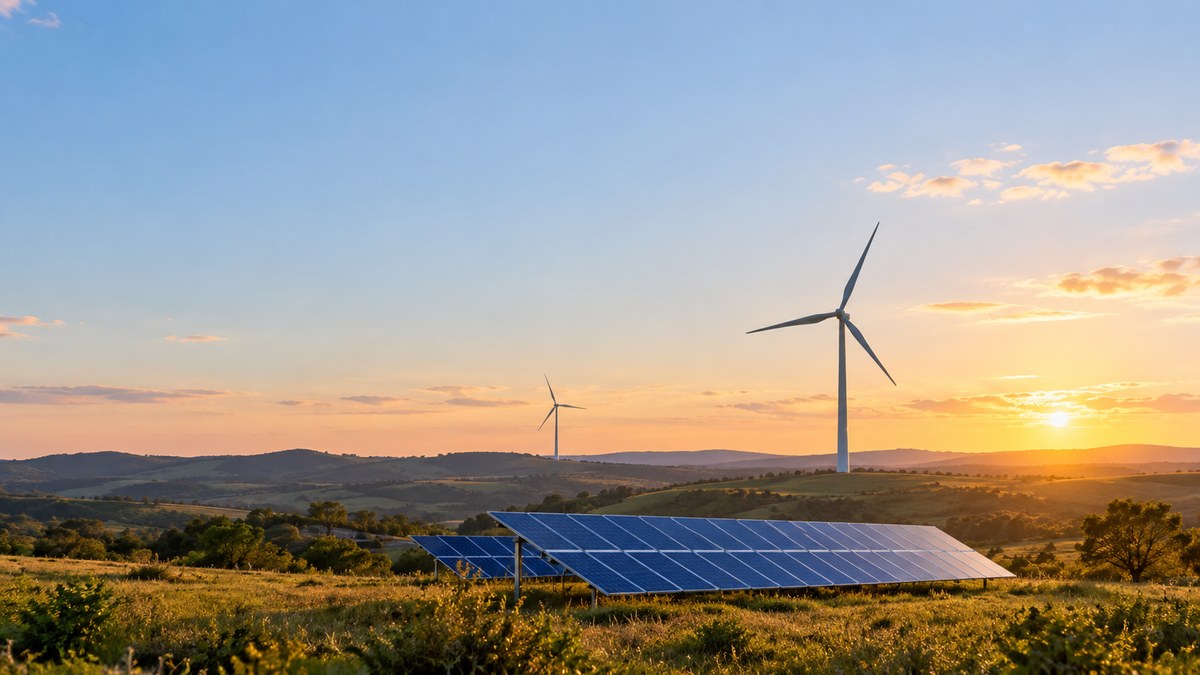 Painéis solares em primeiro plano e aerogeradores ao fundo em uma paisagem brasileira.
