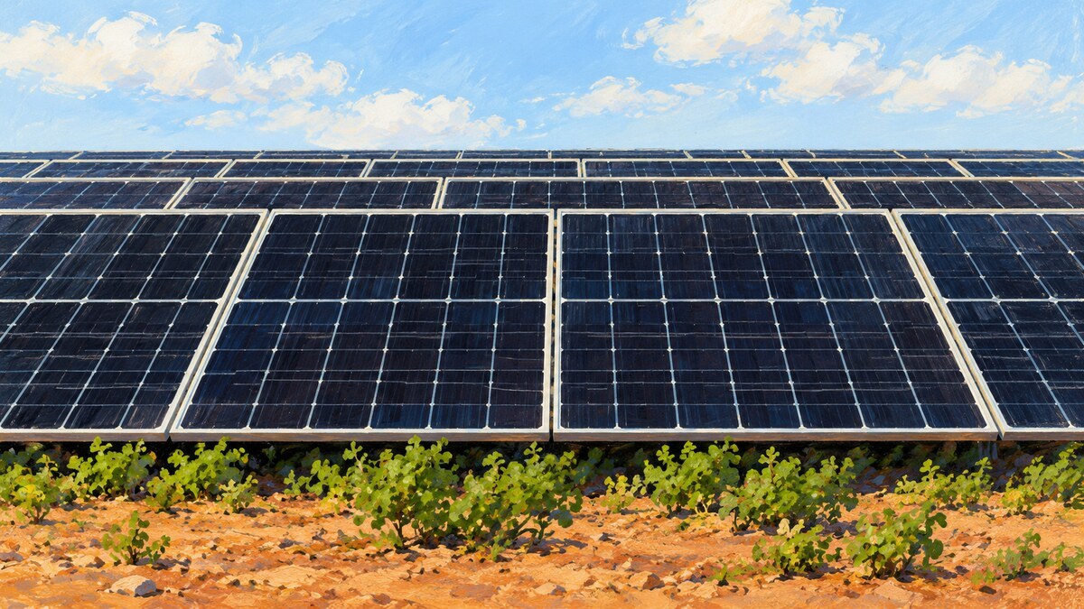 Complexo Marangatu Gerou 624 GWh no Piauí em 2025 2 Ilustração em close de módulos fotovoltaicos em fileiras, com solo seco e vegetação baixa ao fundo.