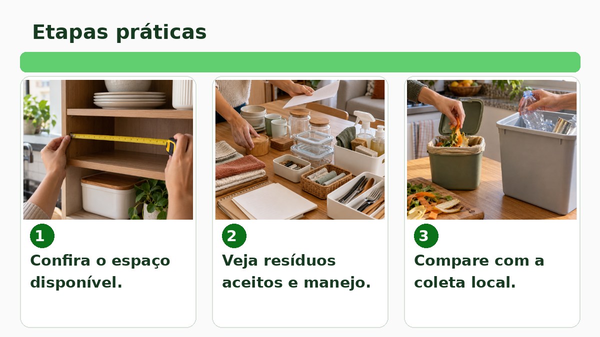 Como Escolher uma Composteira para Apartamento 2 Sequência de três cenas que mostra como verificar espaço, resíduos e rotina antes de escolher.