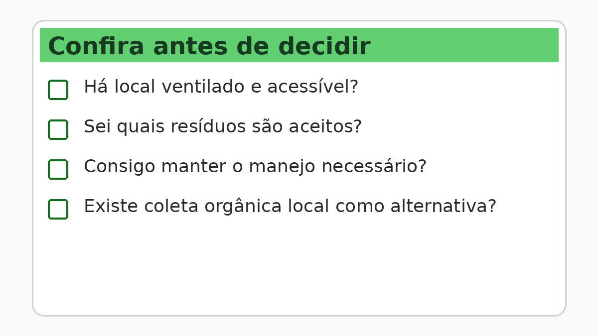 Como Escolher uma Composteira para Apartamento 4 Lista de verificação para avaliar espaço, resíduos aceitos, manejo e coleta local.