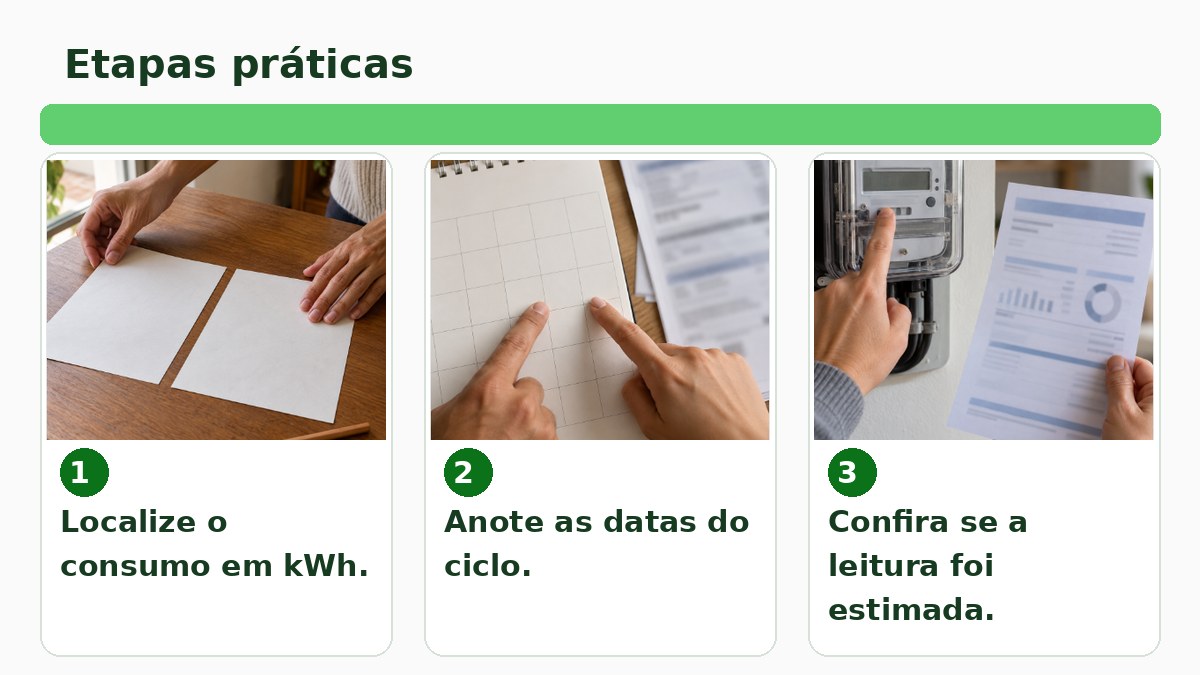 Como Ler o Consumo em KWh na Conta de Luz 2 Sequência de cenas para localizar kWh, datas e tipo de leitura na fatura.