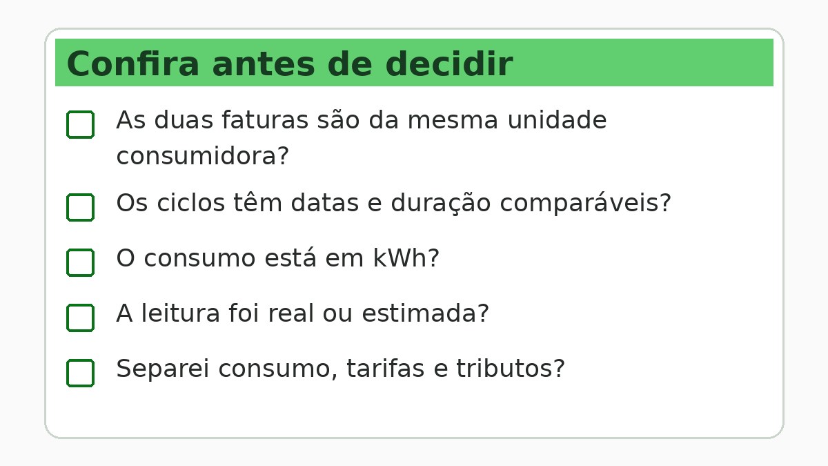 Como Ler o Consumo em KWh na Conta de Luz 4 Lista de verificação para comparar duas faturas de energia pela mesma base.