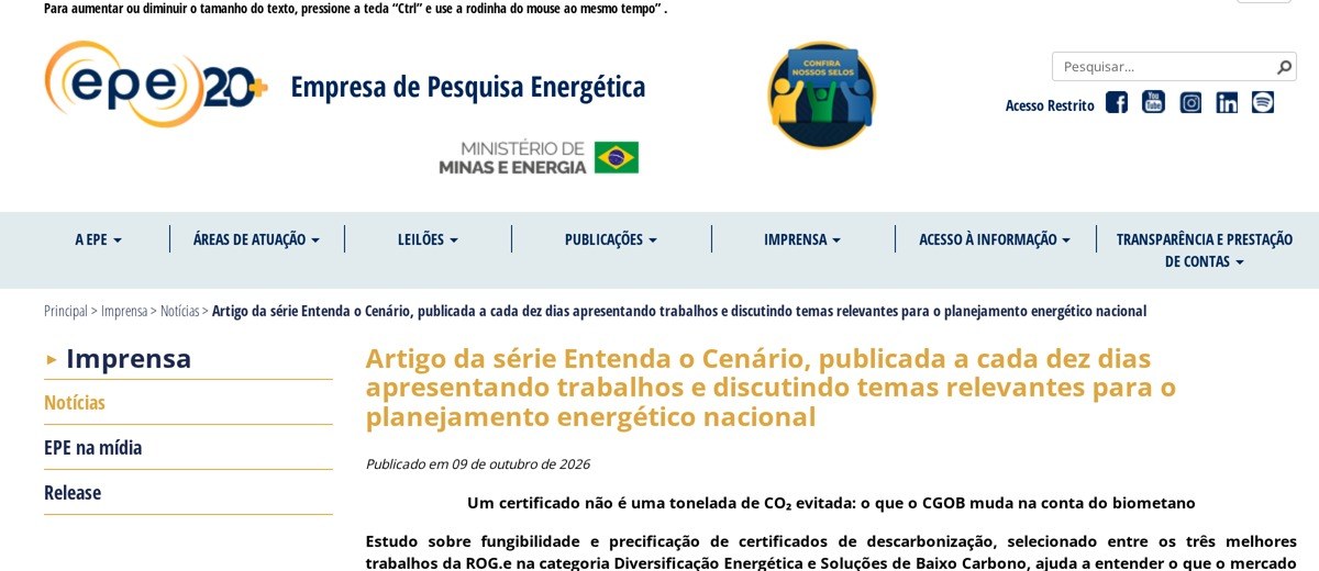 EPE Diferencia os Certificados CGOB e CBIO 2 Captura da página oficial da EPE com o nome da instituição, título do artigo e publicação em 9 de outubro de 2026.