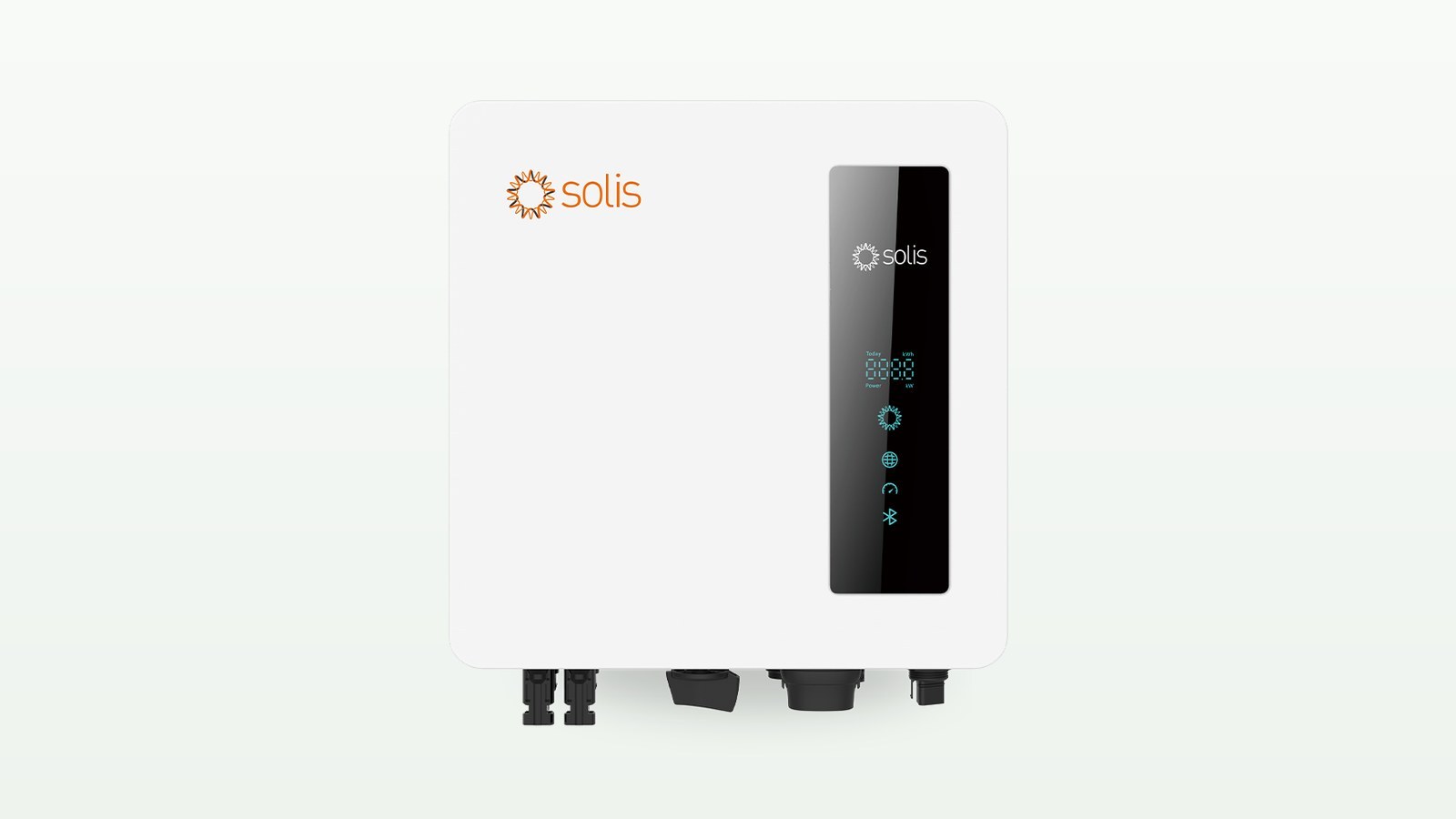 Inversor solar Solis S6-GR1P branco visto de frente, com visor e conectores na base