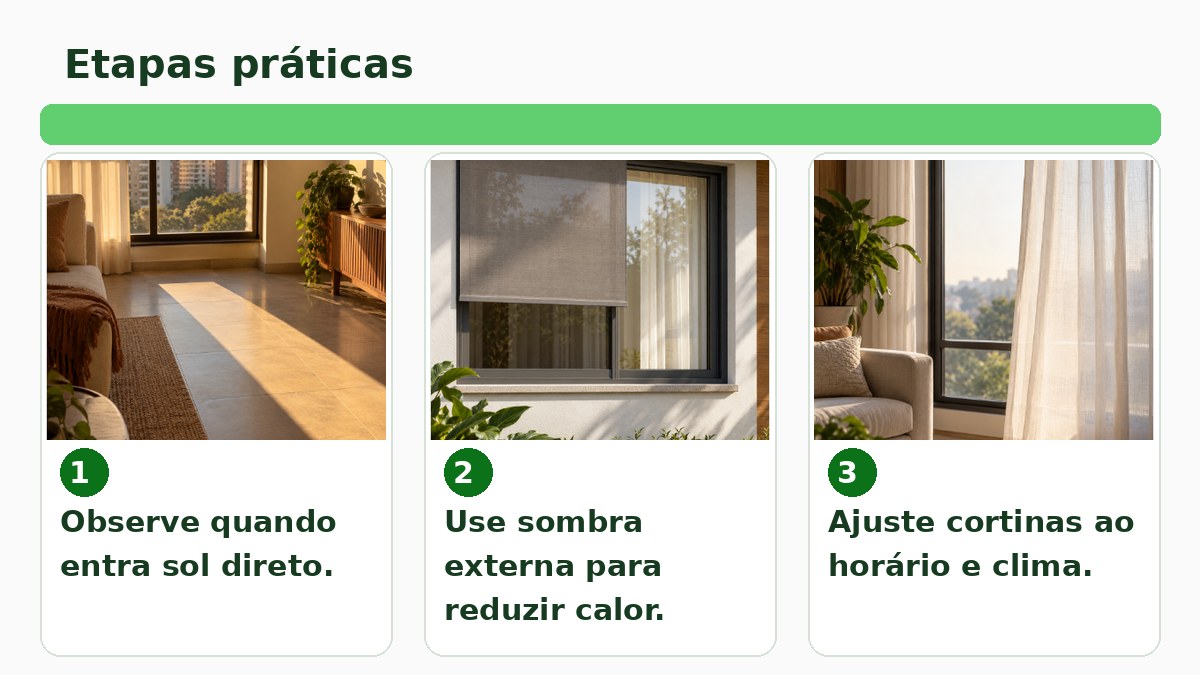 Como Aproveitar a Luz Natural em Casa Sem Aumentar o Calor 2 Sequência visual de três passos para observar sol, usar sombra e ajustar cortinas.