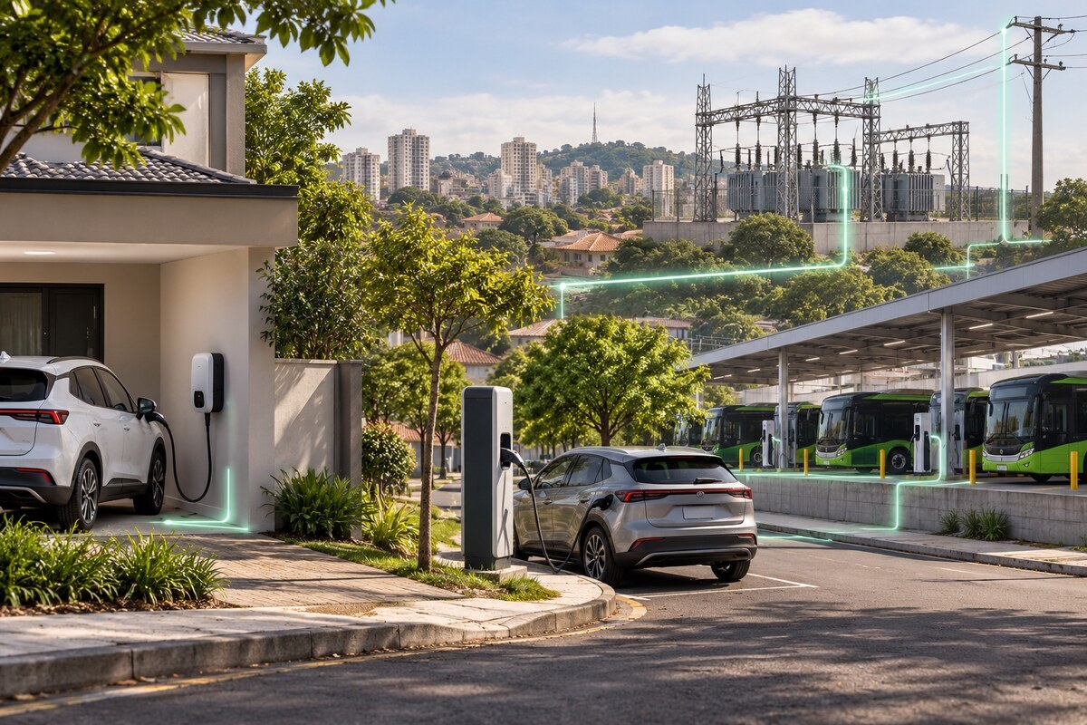 MME Abre Consulta Sobre Recarga de Veículos Elétricos 2 Carregador público genérico junto a rua urbana, com casa, rede e garagem de ônibus ao fundo, em representação conceitual sem rótulos.