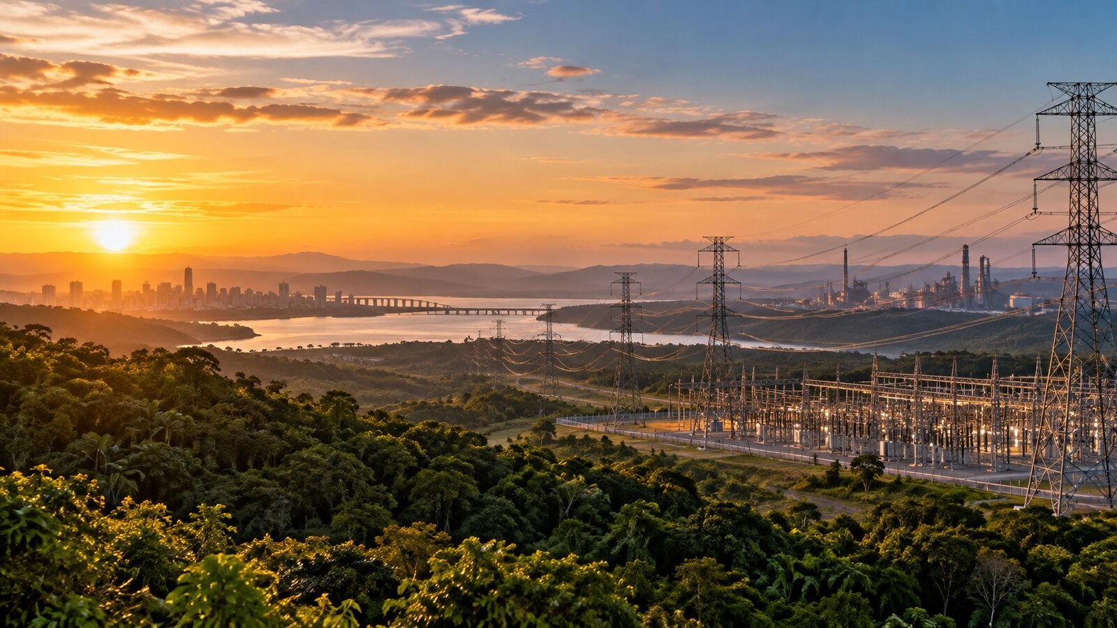PDE 2036: Demanda de Energia Cresce e Eletricidade Ganha Espaço 1 Subestação e linhas de transmissão ao entardecer, em imagem ilustrativa sobre a demanda de energia no Brasil.