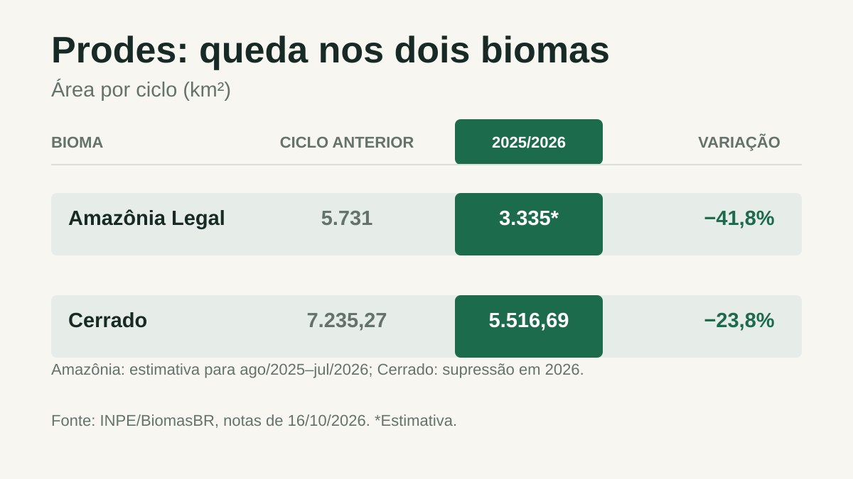 INPE Registra Queda do Desmatamento na Amazônia e no Cerrado 2 Dados oficiais apresentados em gráfico editorial com fonte e legenda no próprio ativo.