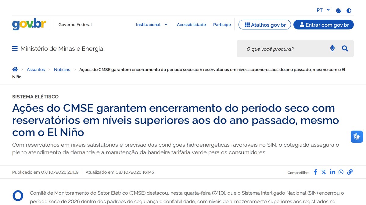 Reservatórios do SIN Fecham Setembro com 61%, Acima de 2025 2 Captura da notícia oficial do MME sobre o encerramento do período seco e os reservatórios do SIN.