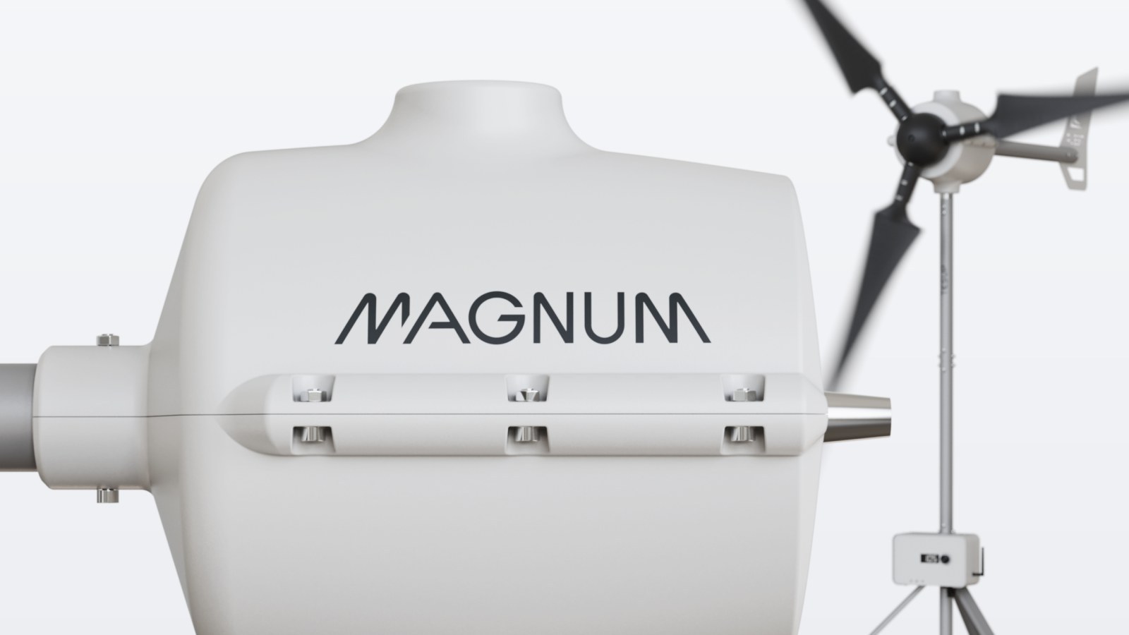 Gerador da turbina eólica Wekraft Magnum com o rotor de três pás ao fundo
